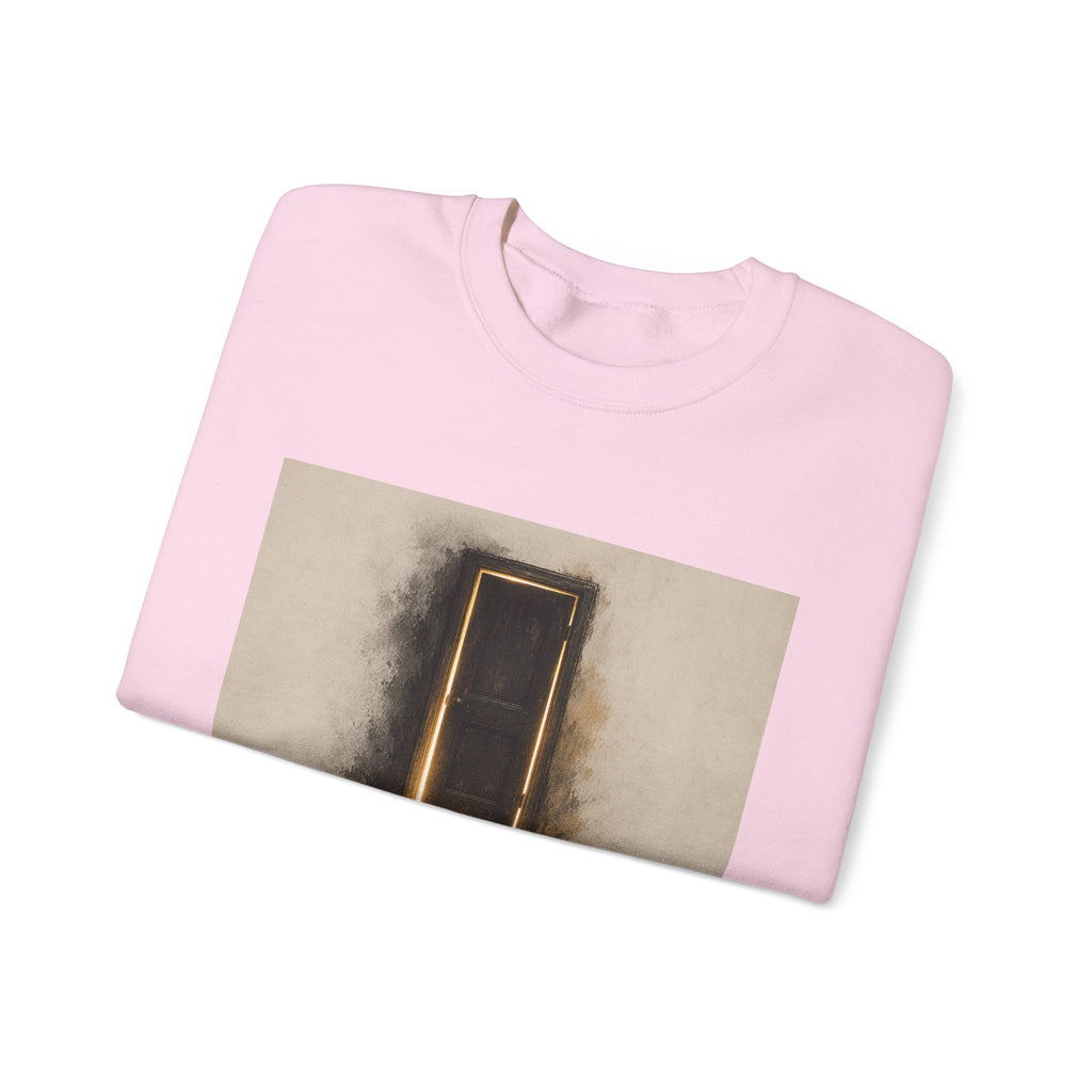 Crewneck Sweatshirt — 'Nothing Works Till You Agree With It' Motivational Door Graphic
