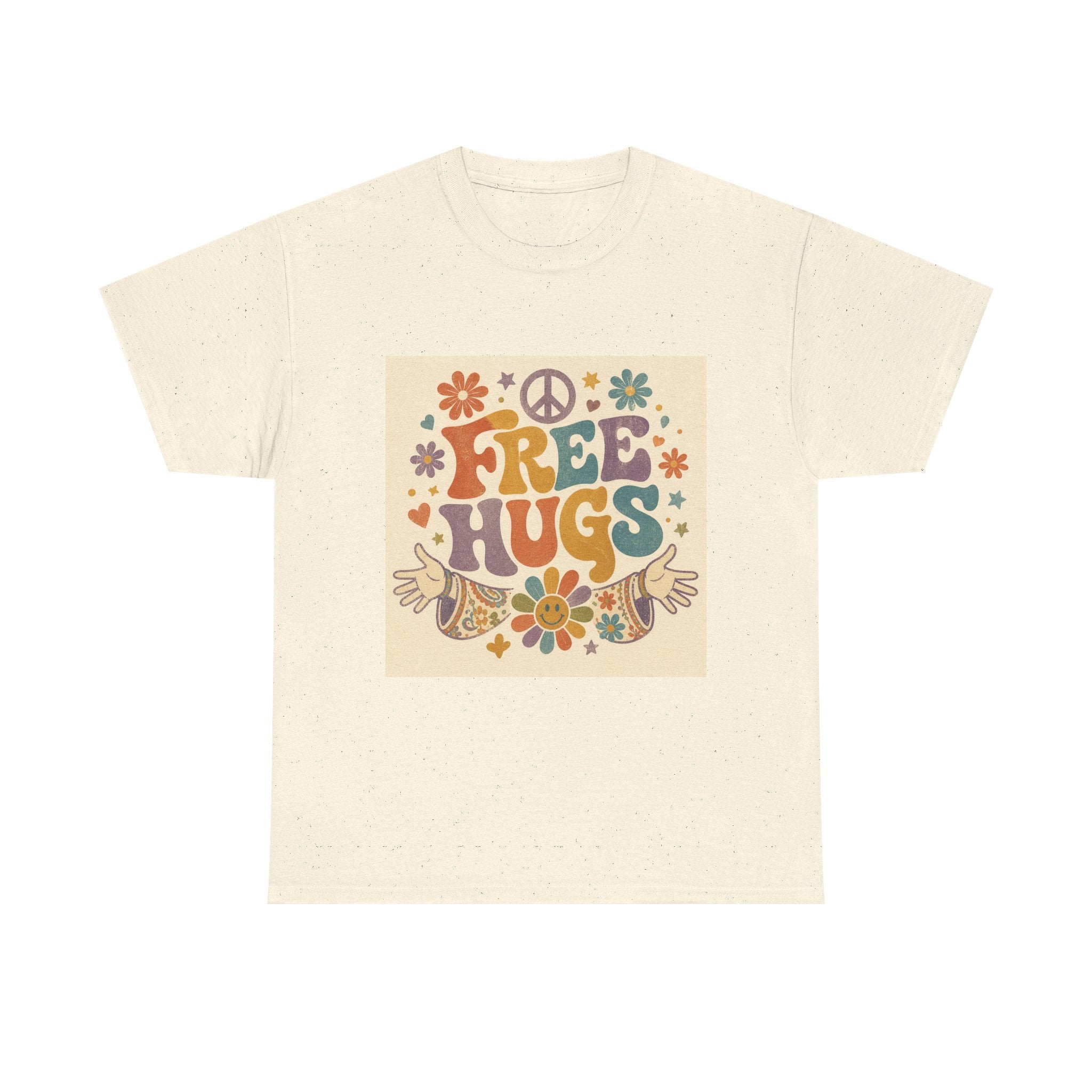 Free Hugs Tee — Retro 70s Floral Peace T-Shirt