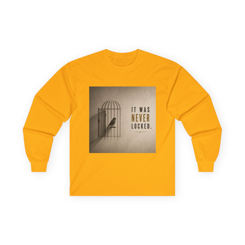 Long Sleeve Tee — "It Was Never Locked" Bird Cage Freedom Graphic