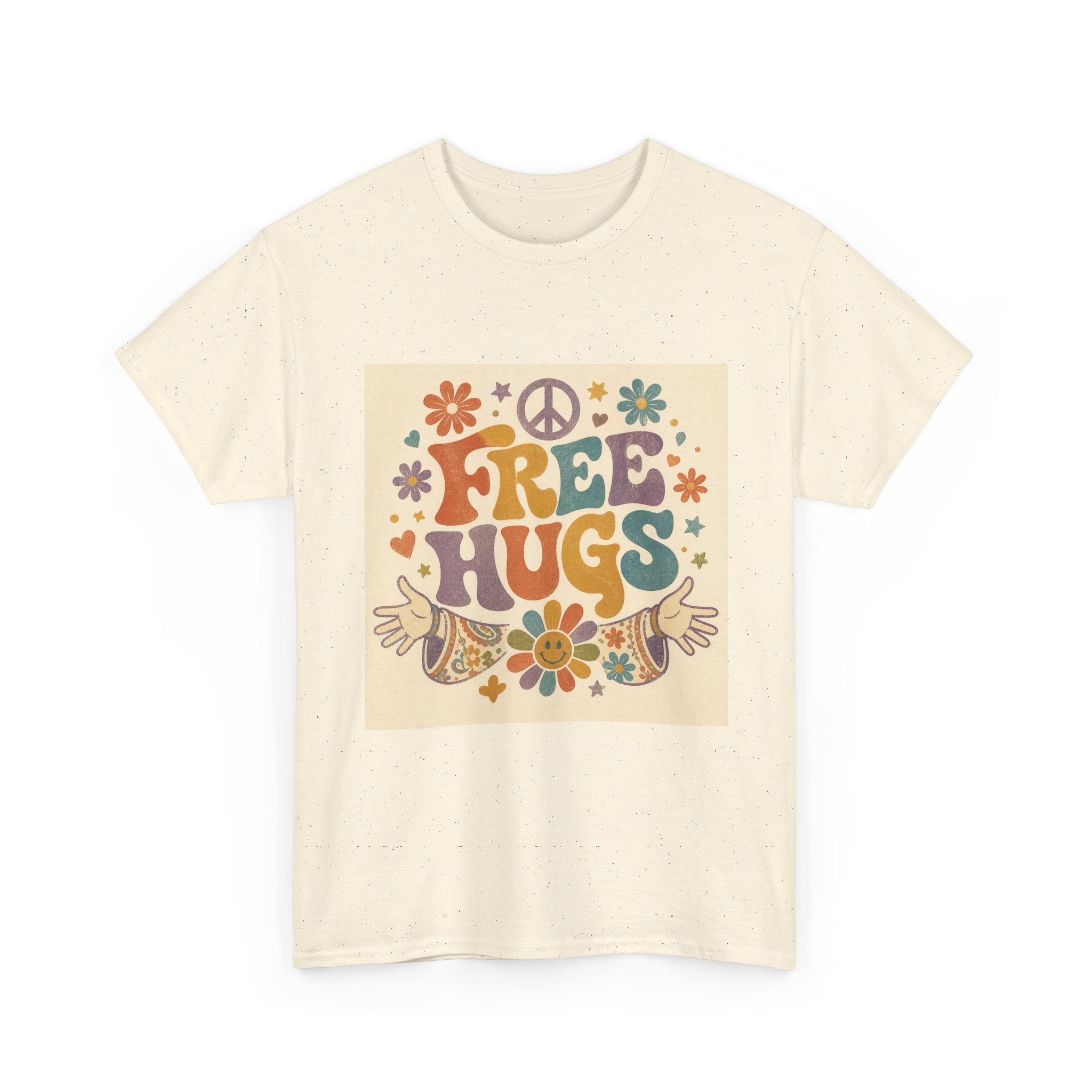 Free Hugs Tee — Retro 70s Floral Peace T-Shirt