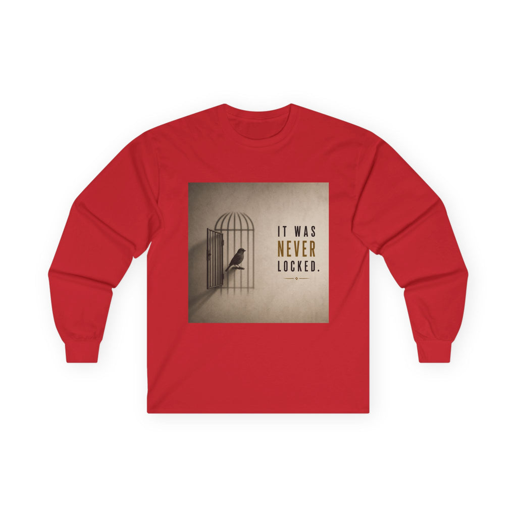 Long Sleeve Tee — "It Was Never Locked" Bird Cage Freedom Graphic