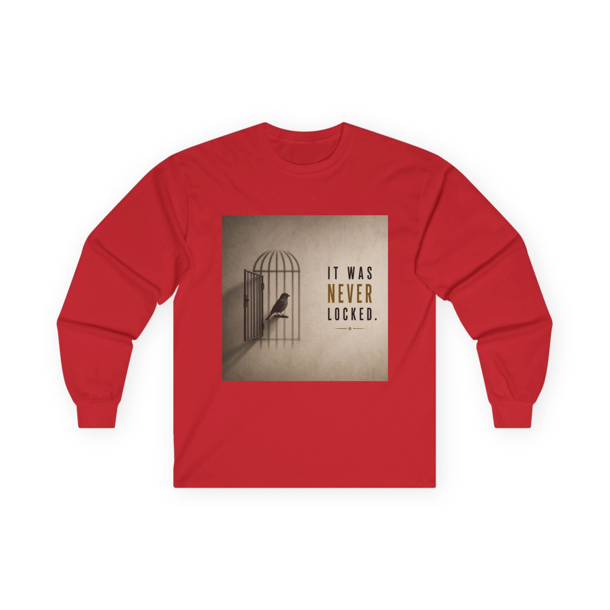 Long Sleeve Tee — "It Was Never Locked" Bird Cage Freedom Graphic