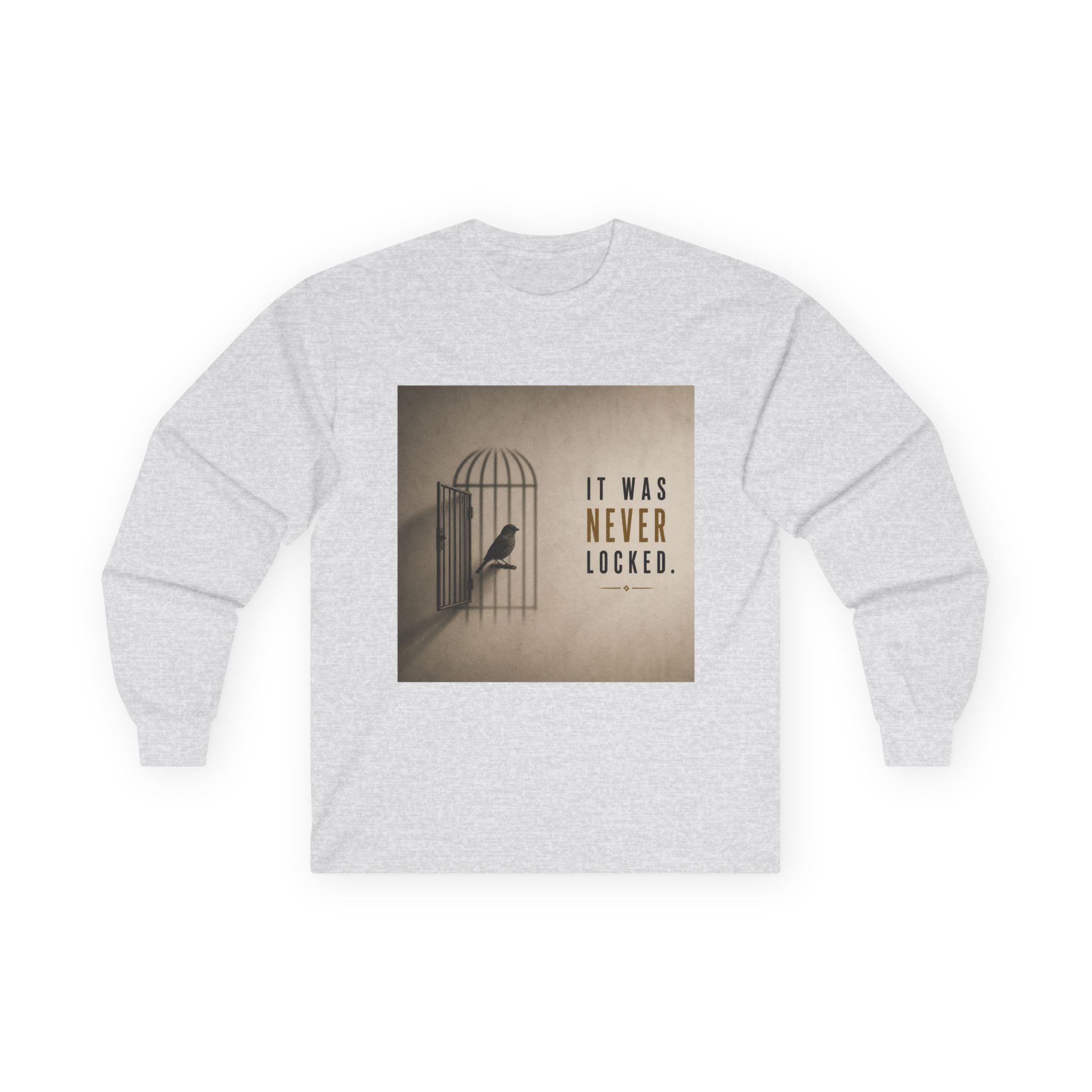 Long Sleeve Tee — "It Was Never Locked" Bird Cage Freedom Graphic