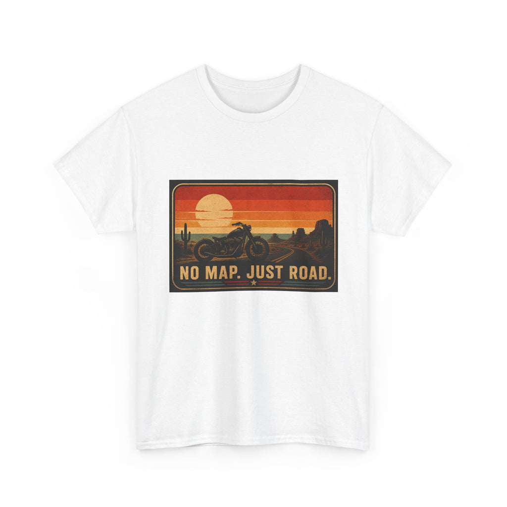 Motorcycle Sunset T‑Shirt — “No Map. Just Road.” Retro Adventure Tee