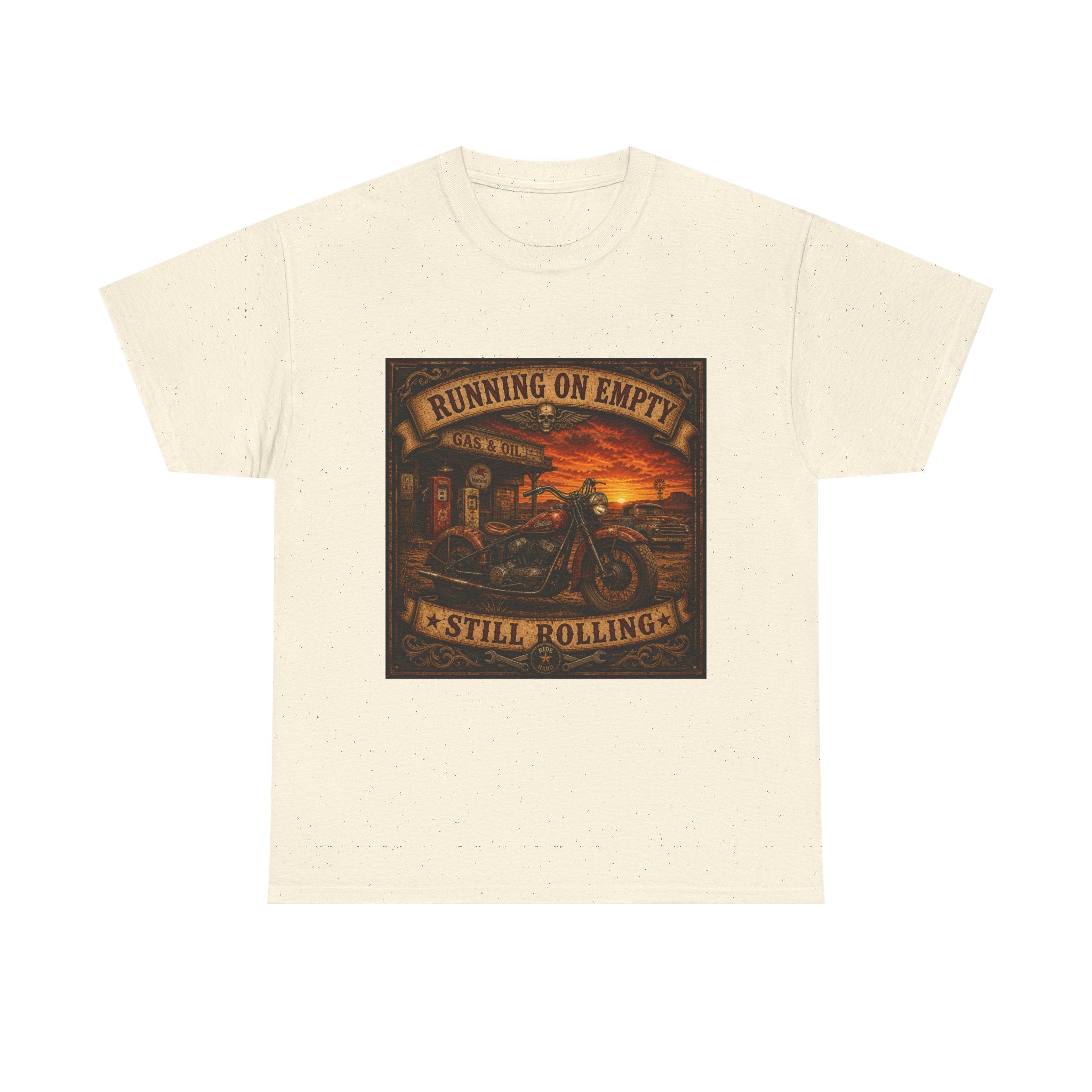 Running on Empty Motorcycle Tee — Vintage Biker Shirt ("Running on Empty Still Rolling")