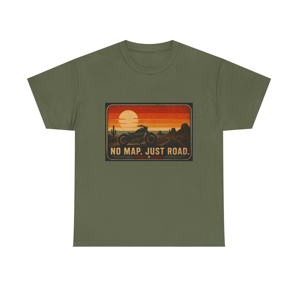 Motorcycle Sunset T‑Shirt — “No Map. Just Road.” Retro Adventure Tee