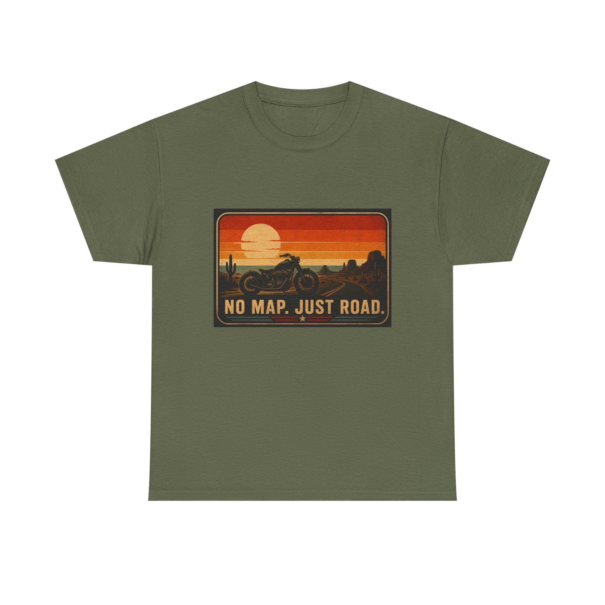 Motorcycle Sunset T‑Shirt — “No Map. Just Road.” Retro Adventure Tee