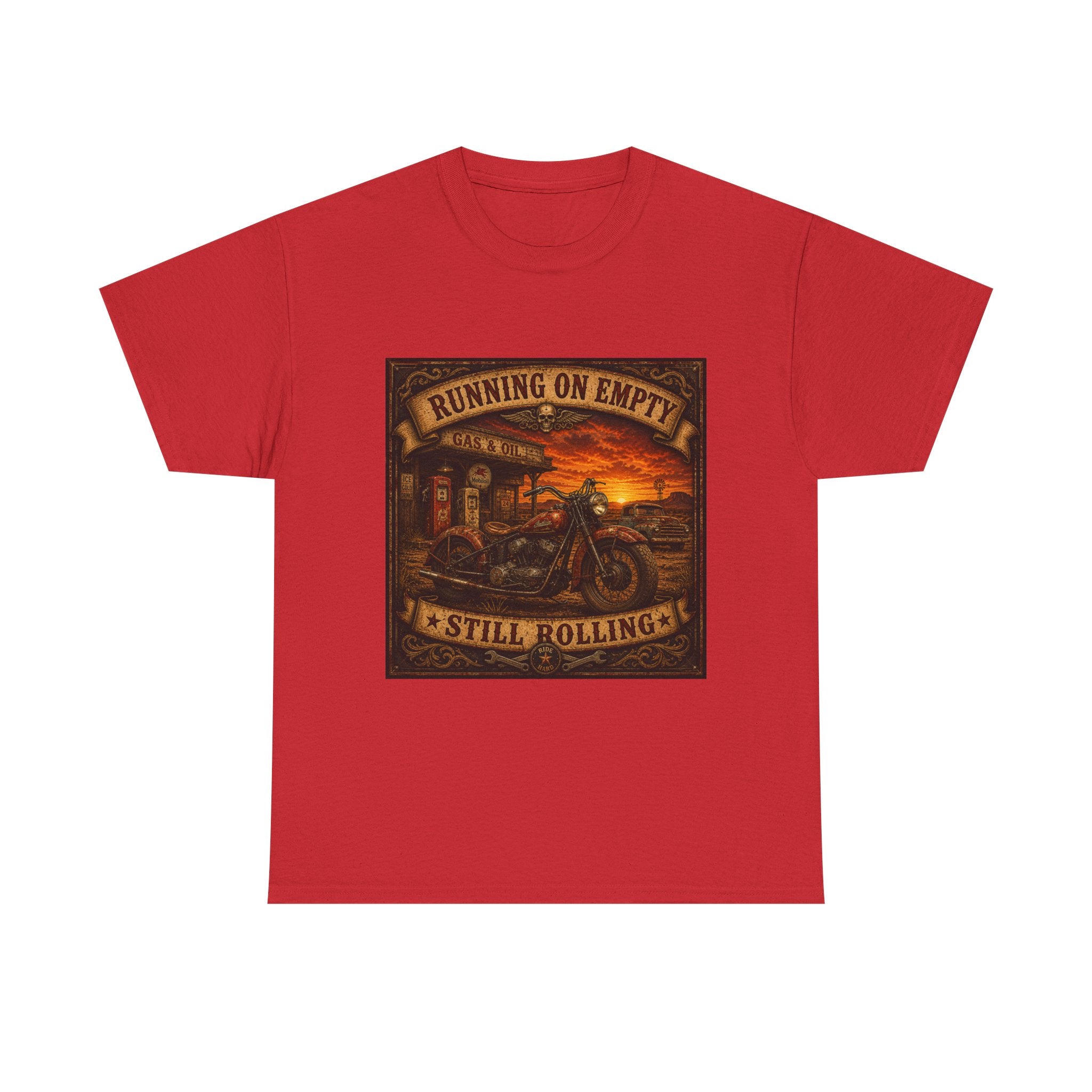 Running on Empty Motorcycle Tee — Vintage Biker Shirt ("Running on Empty Still Rolling")
