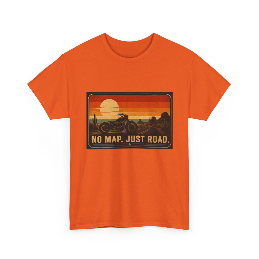Motorcycle Sunset T‑Shirt — “No Map. Just Road.” Retro Adventure Tee