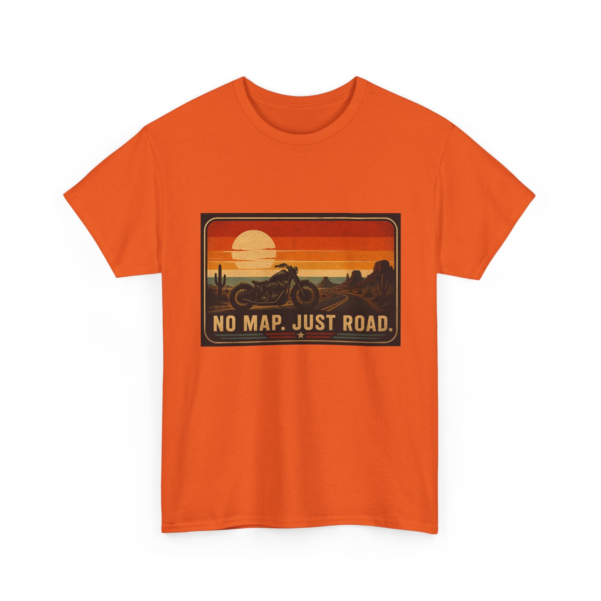 Motorcycle Sunset T‑Shirt — “No Map. Just Road.” Retro Adventure Tee