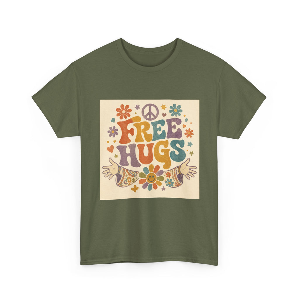 Free Hugs Tee — Retro 70s Floral Peace T-Shirt