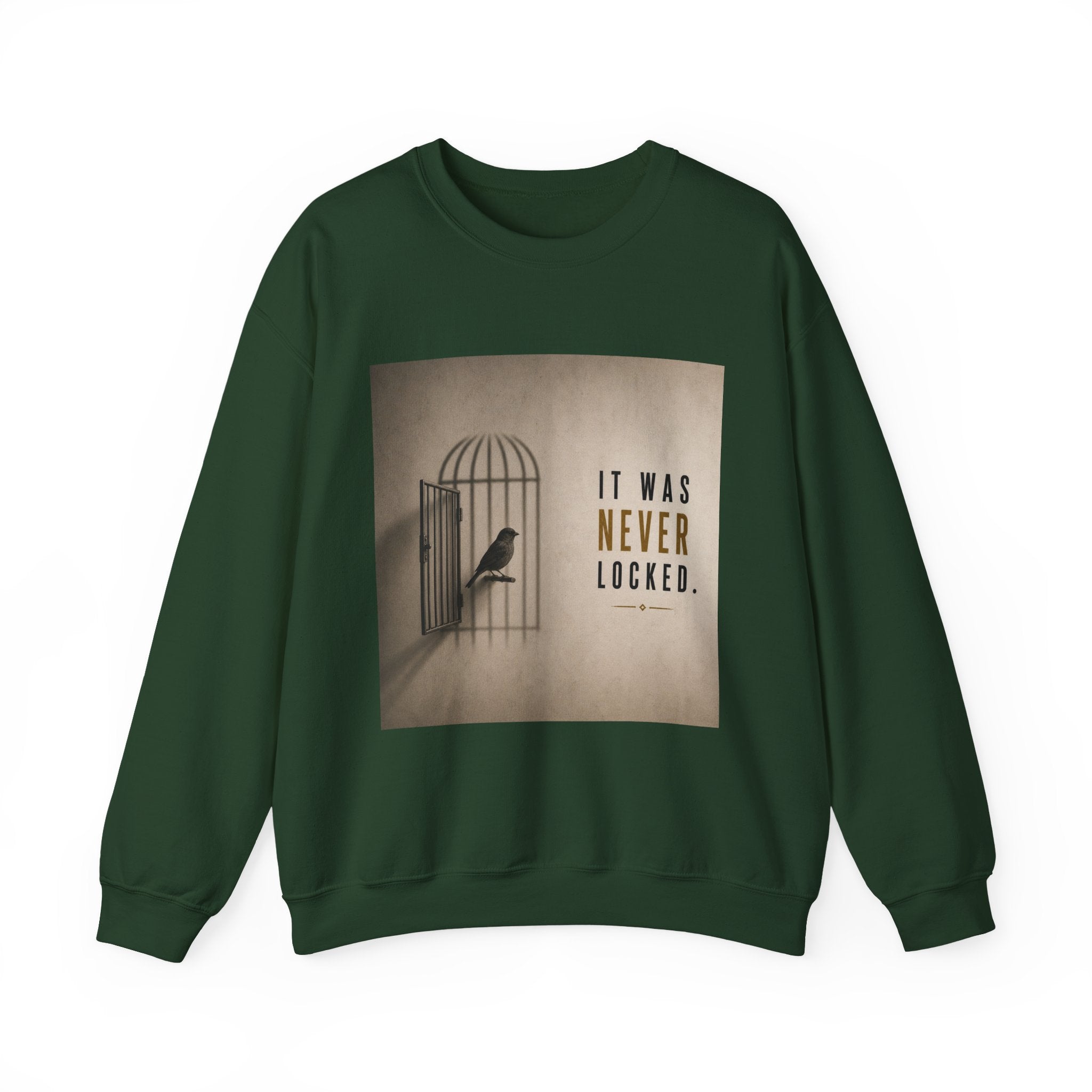 Crewneck Sweatshirt — 'It Was Never Locked' Bird Cage Graphic