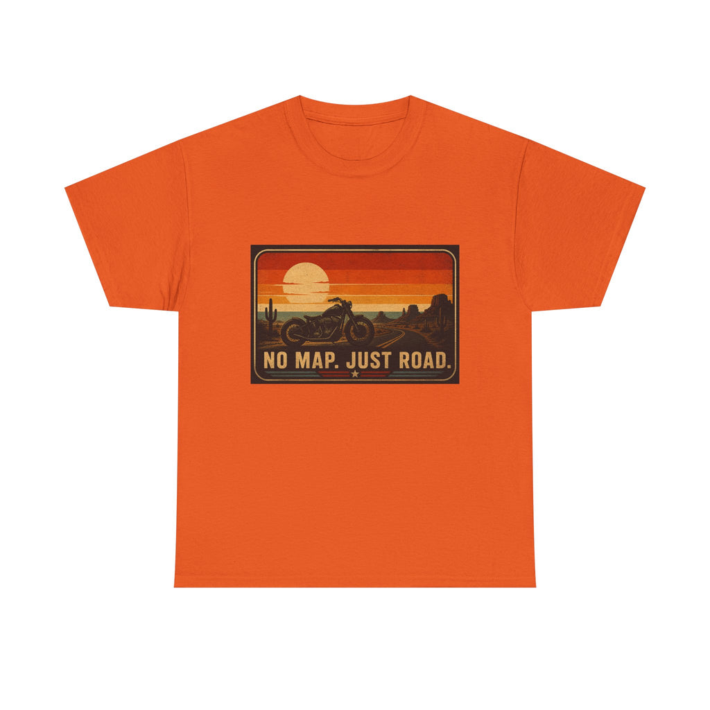 Motorcycle Sunset T‑Shirt — “No Map. Just Road.” Retro Adventure Tee