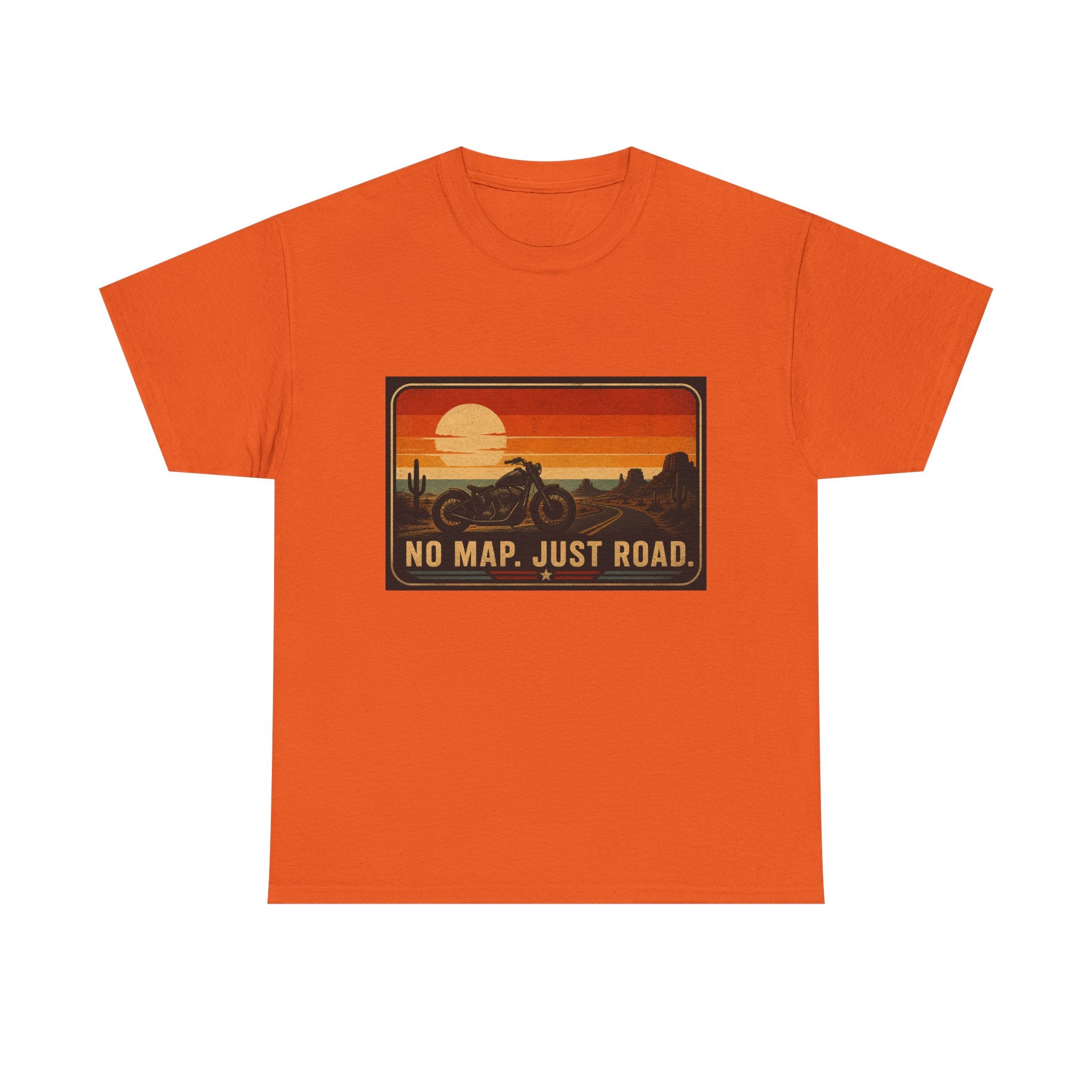 Motorcycle Sunset T‑Shirt — “No Map. Just Road.” Retro Adventure Tee