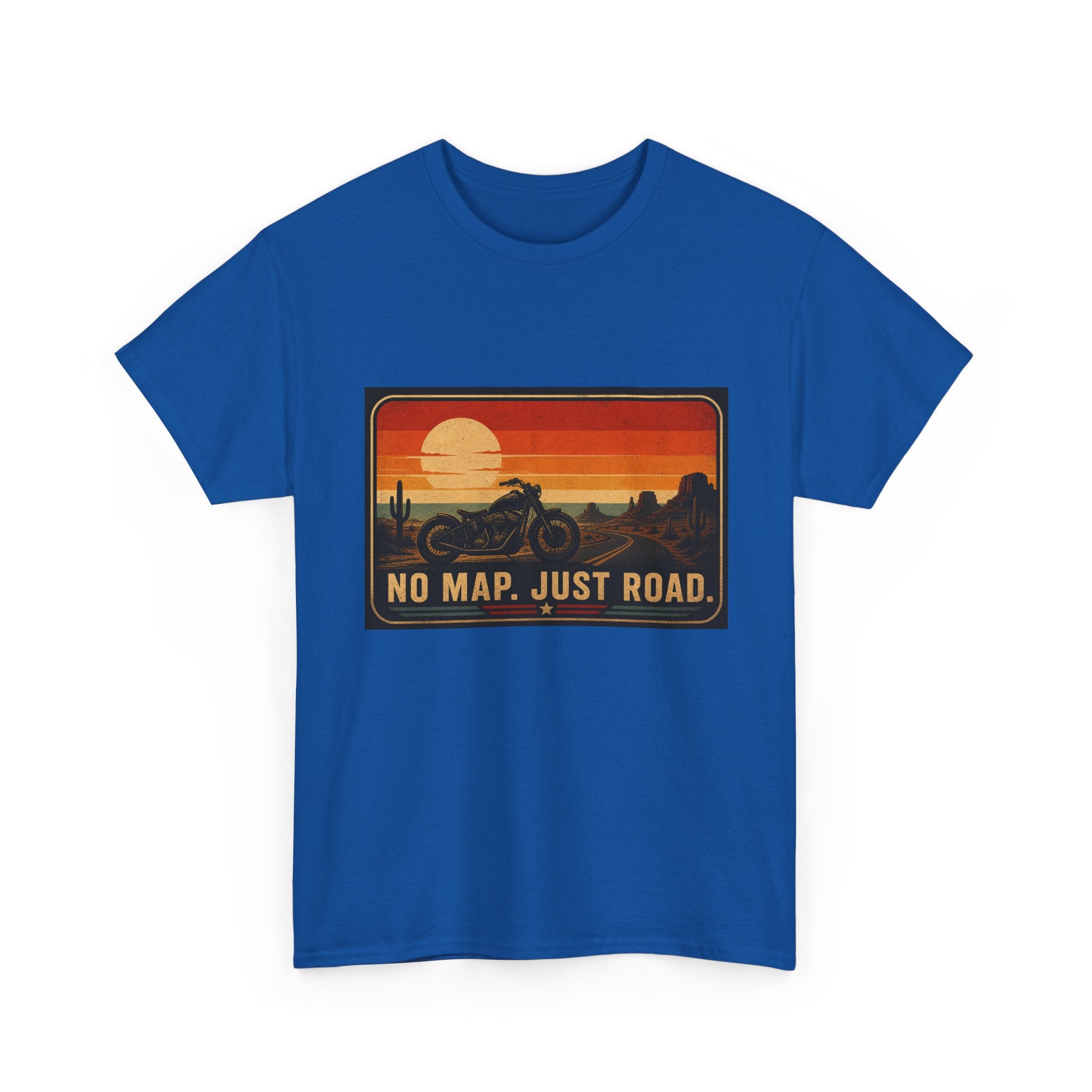 Motorcycle Sunset T‑Shirt — “No Map. Just Road.” Retro Adventure Tee