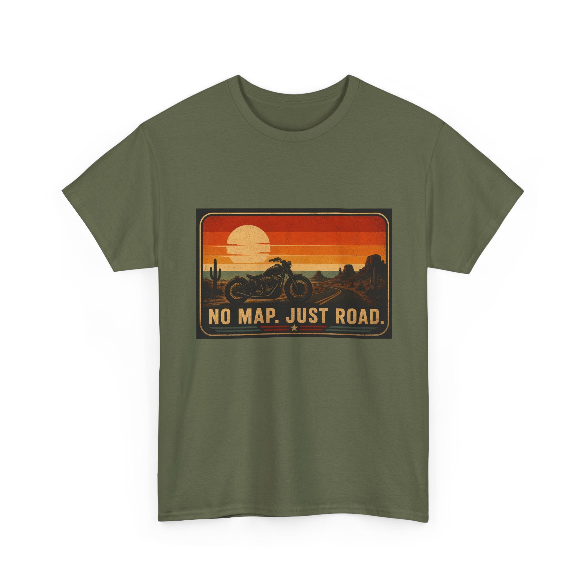 Motorcycle Sunset T‑Shirt — “No Map. Just Road.” Retro Adventure Tee