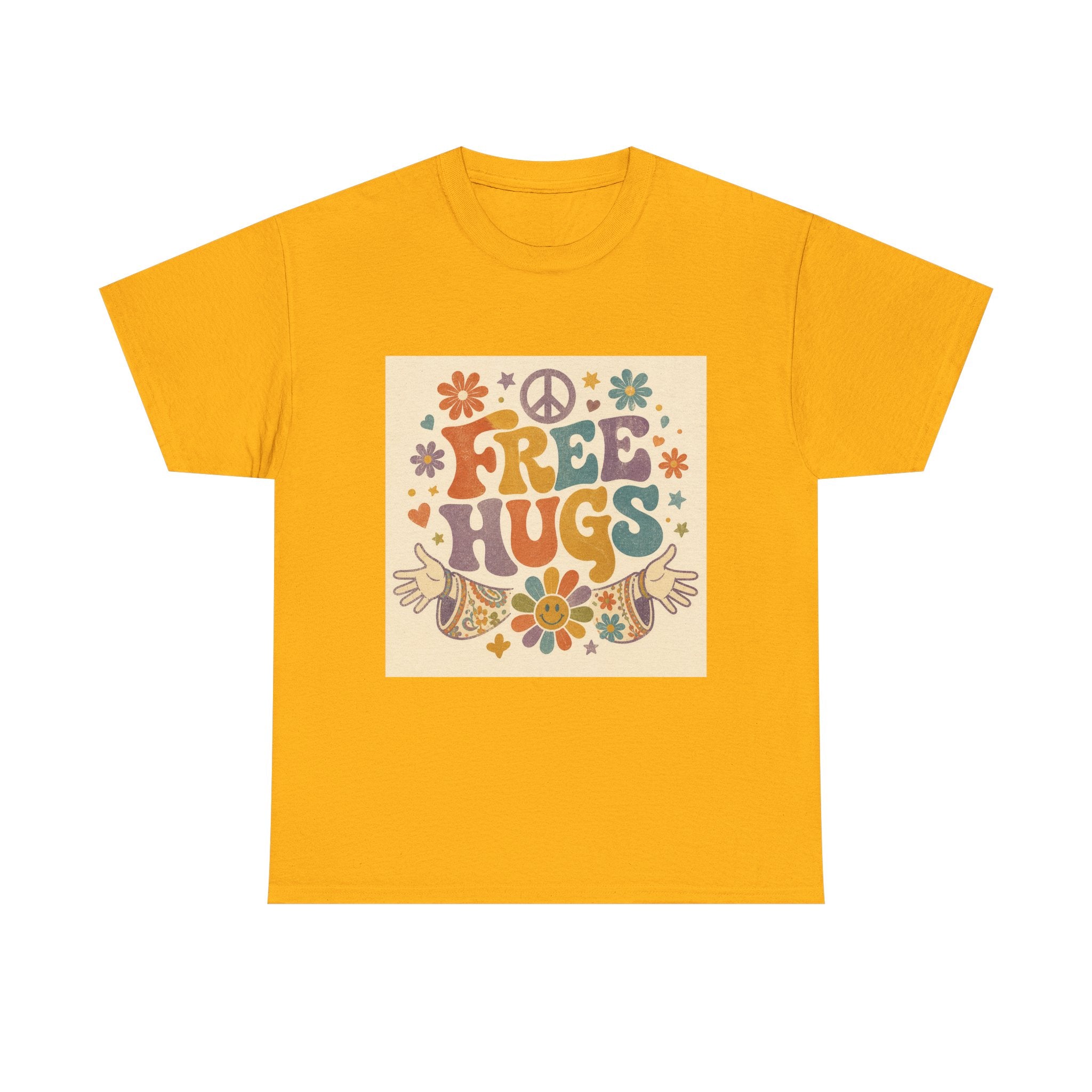 Free Hugs Tee — Retro 70s Floral Peace T-Shirt