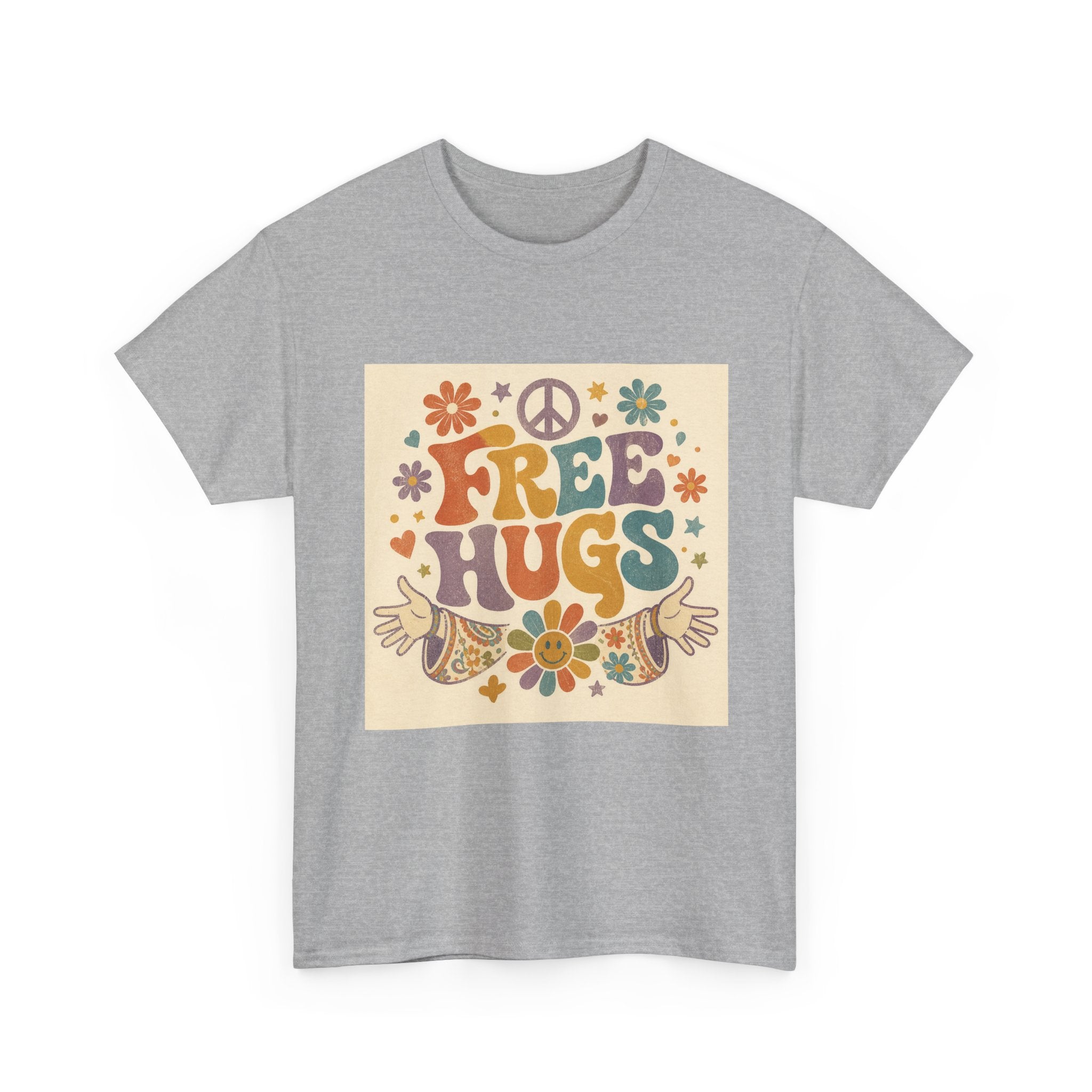 Free Hugs Tee — Retro 70s Floral Peace T-Shirt
