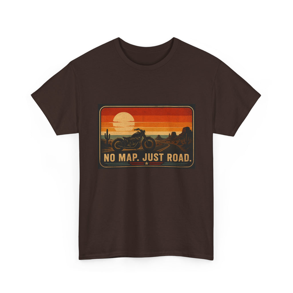 Motorcycle Sunset T‑Shirt — “No Map. Just Road.” Retro Adventure Tee
