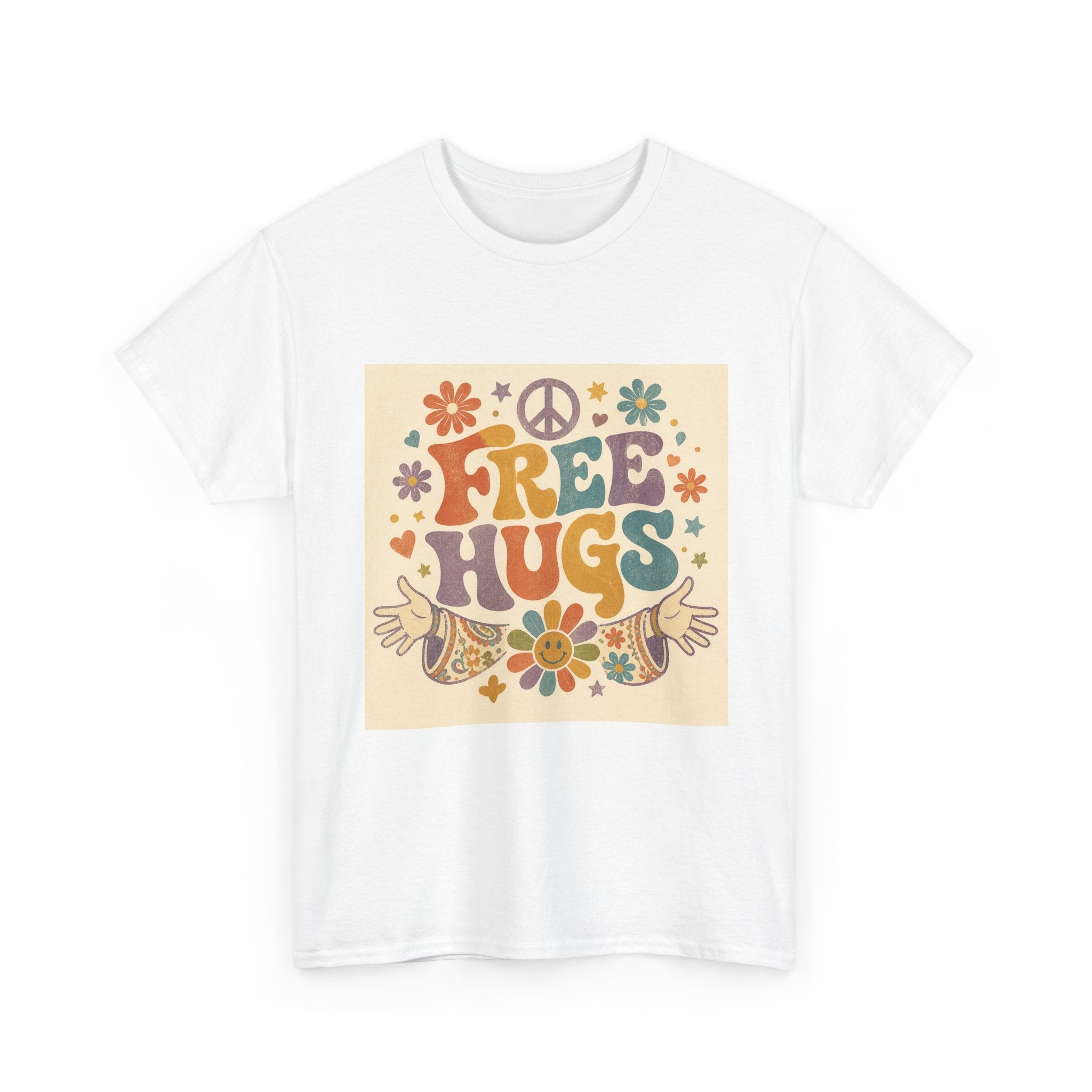 Free Hugs Tee — Retro 70s Floral Peace T-Shirt