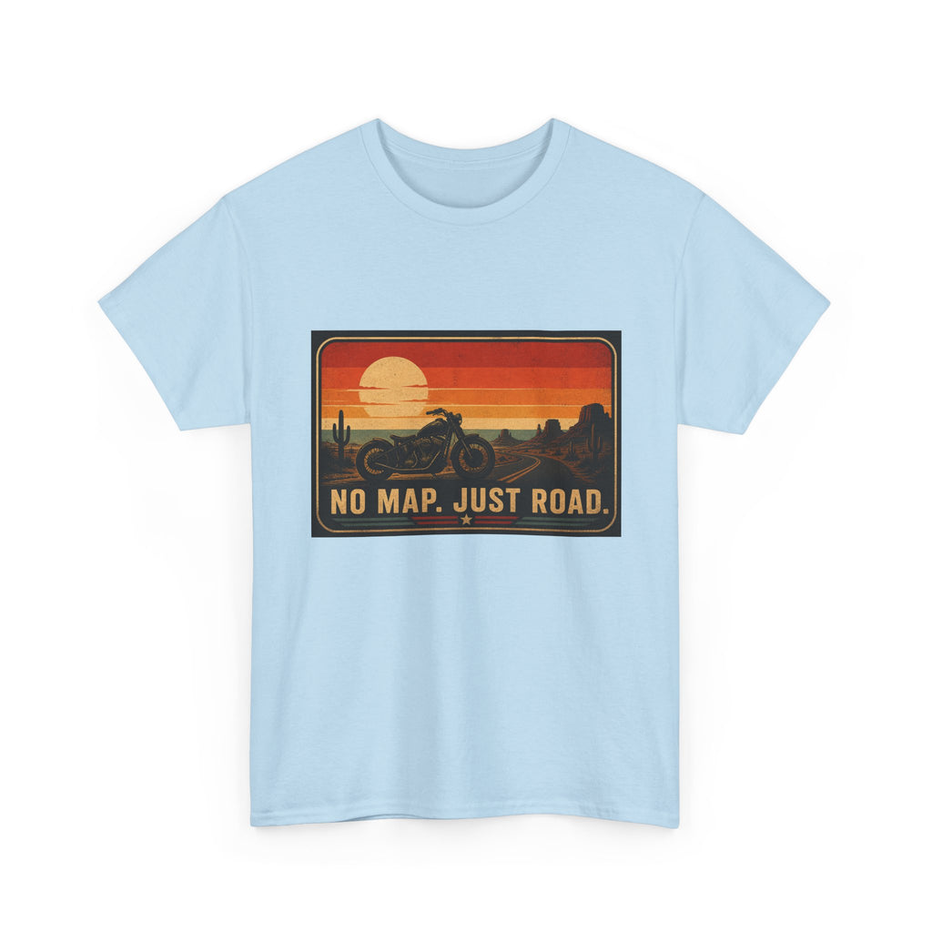 Motorcycle Sunset T‑Shirt — “No Map. Just Road.” Retro Adventure Tee