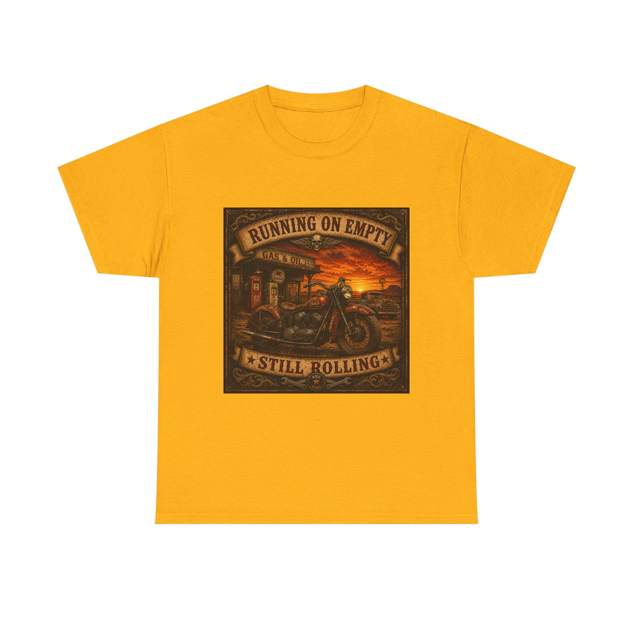 Running on Empty Motorcycle Tee — Vintage Biker Shirt ("Running on Empty Still Rolling")