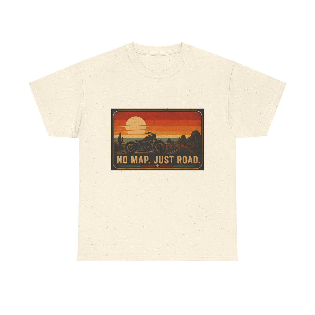Motorcycle Sunset T‑Shirt — “No Map. Just Road.” Retro Adventure Tee