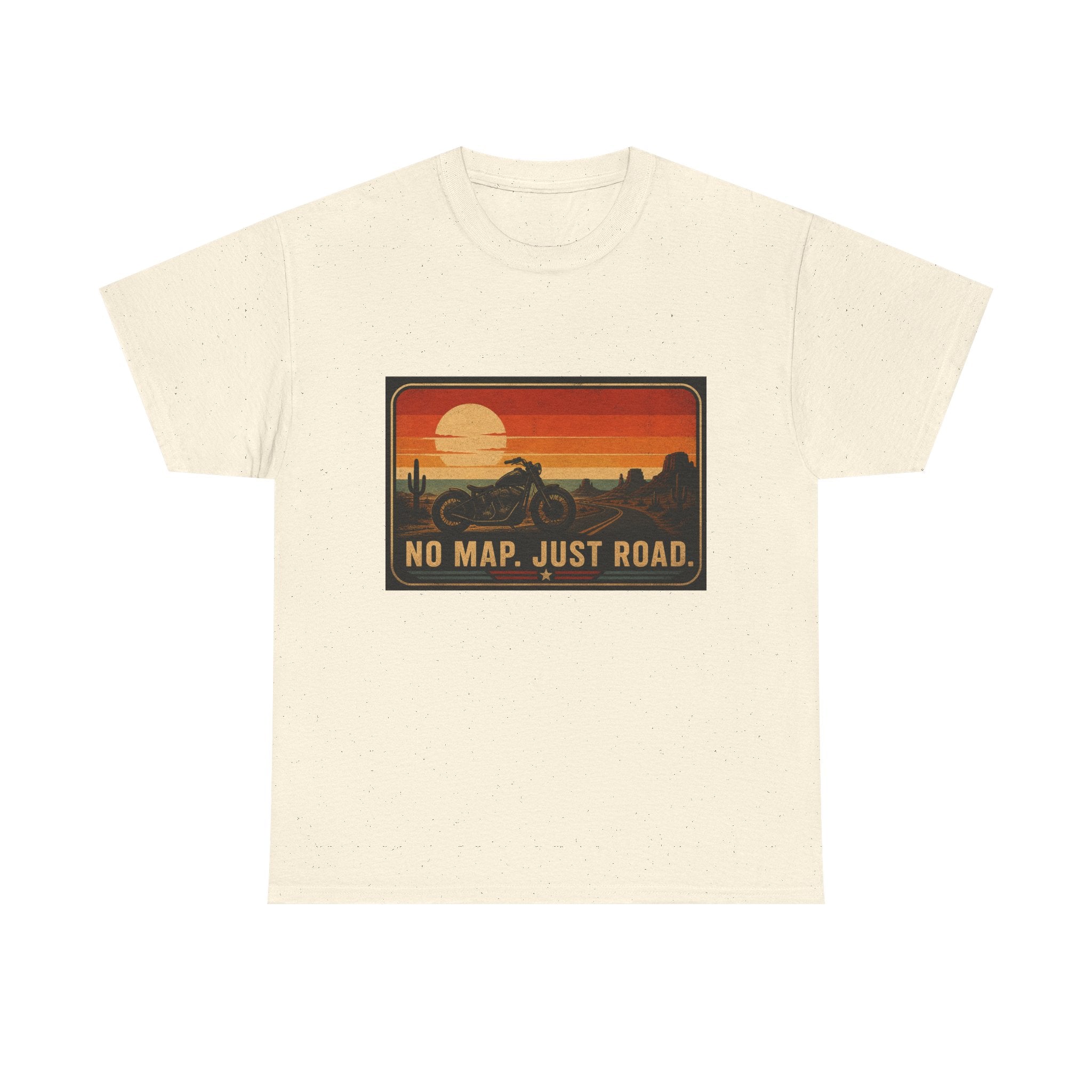 Motorcycle Sunset T‑Shirt — “No Map. Just Road.” Retro Adventure Tee