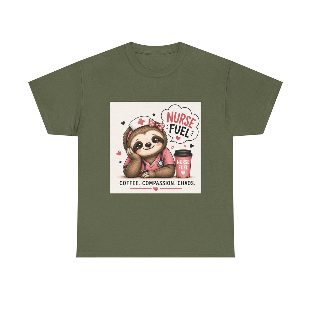 Nurse Fuel Sloth T‑Shirt — Coffee, Compassion, Chaos Cute Nursing Tee