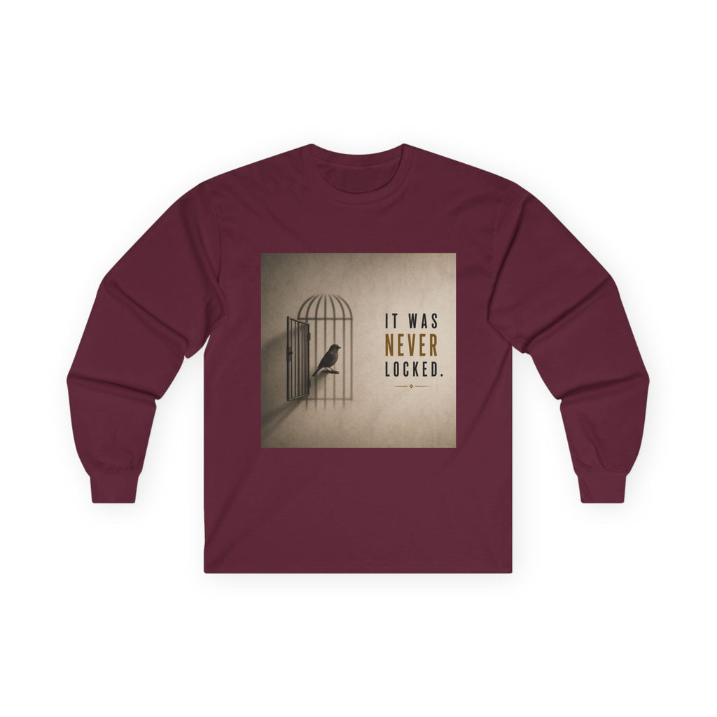 Long Sleeve Tee — "It Was Never Locked" Bird Cage Freedom Graphic