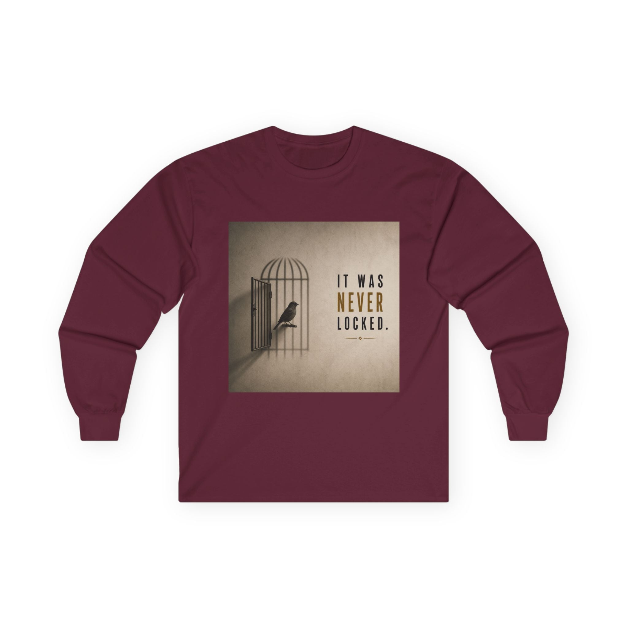 Long Sleeve Tee — "It Was Never Locked" Bird Cage Freedom Graphic