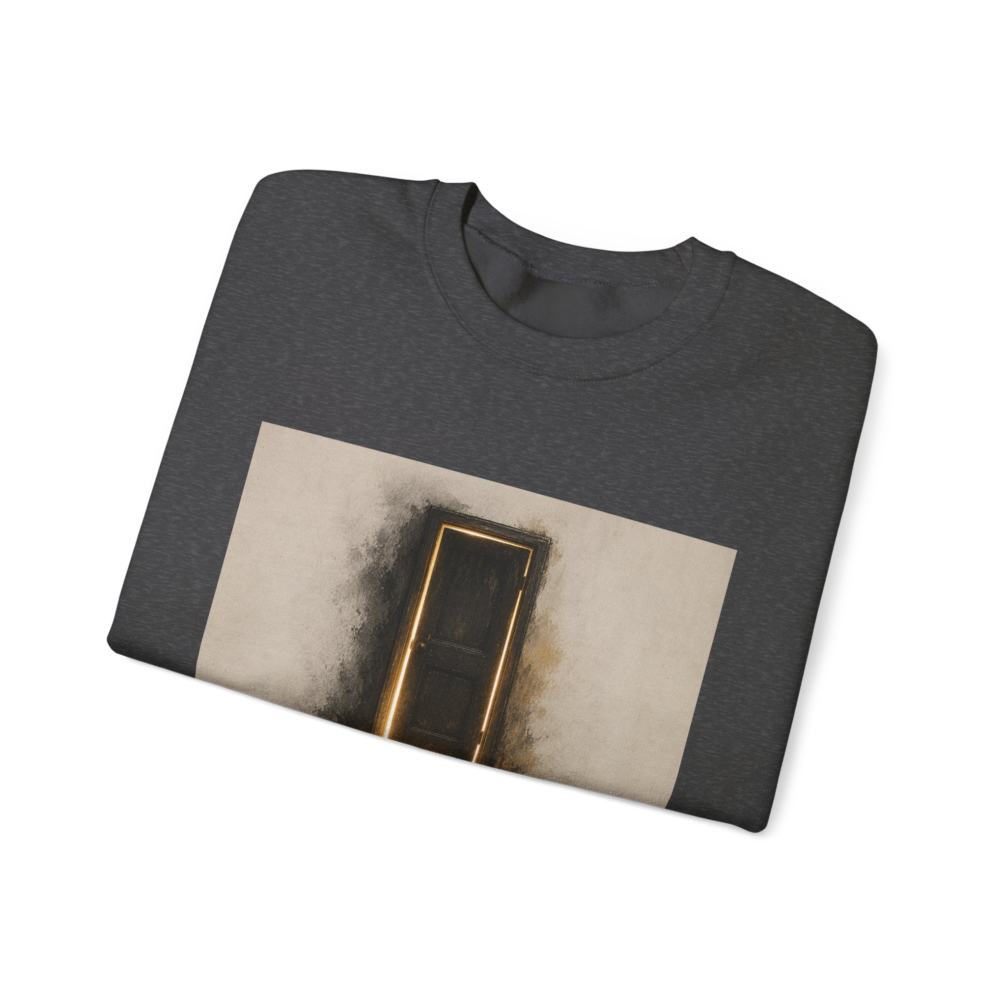 Crewneck Sweatshirt — 'Nothing Works Till You Agree With It' Motivational Door Graphic