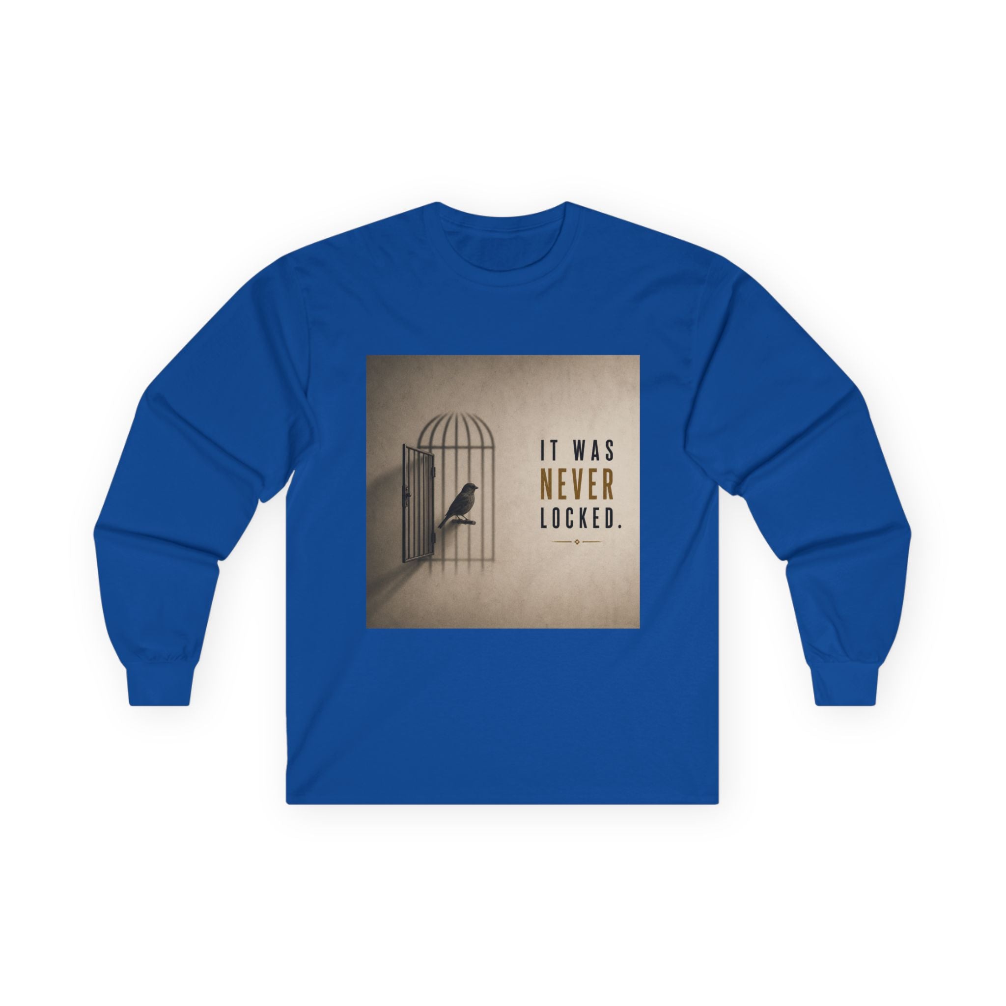 Long Sleeve Tee — "It Was Never Locked" Bird Cage Freedom Graphic
