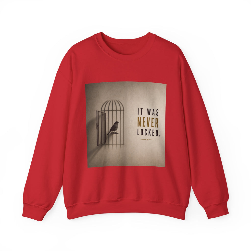 Crewneck Sweatshirt — 'It Was Never Locked' Bird Cage Graphic