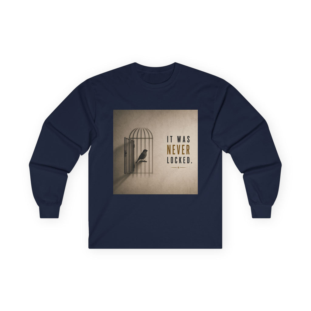 Long Sleeve Tee — "It Was Never Locked" Bird Cage Freedom Graphic