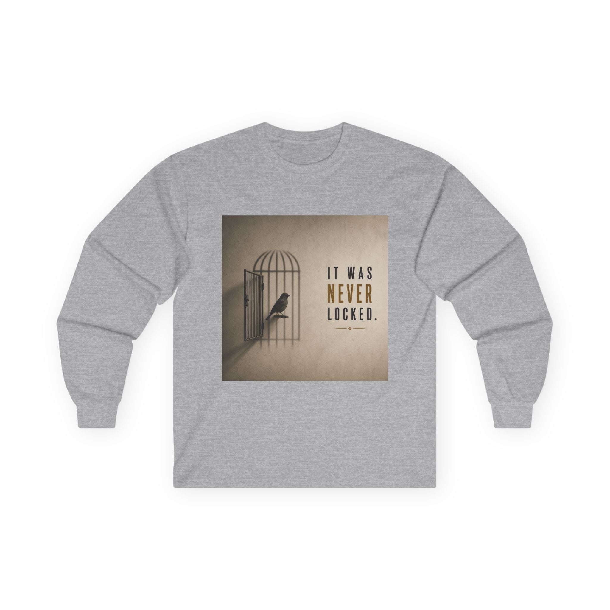 Long Sleeve Tee — "It Was Never Locked" Bird Cage Freedom Graphic