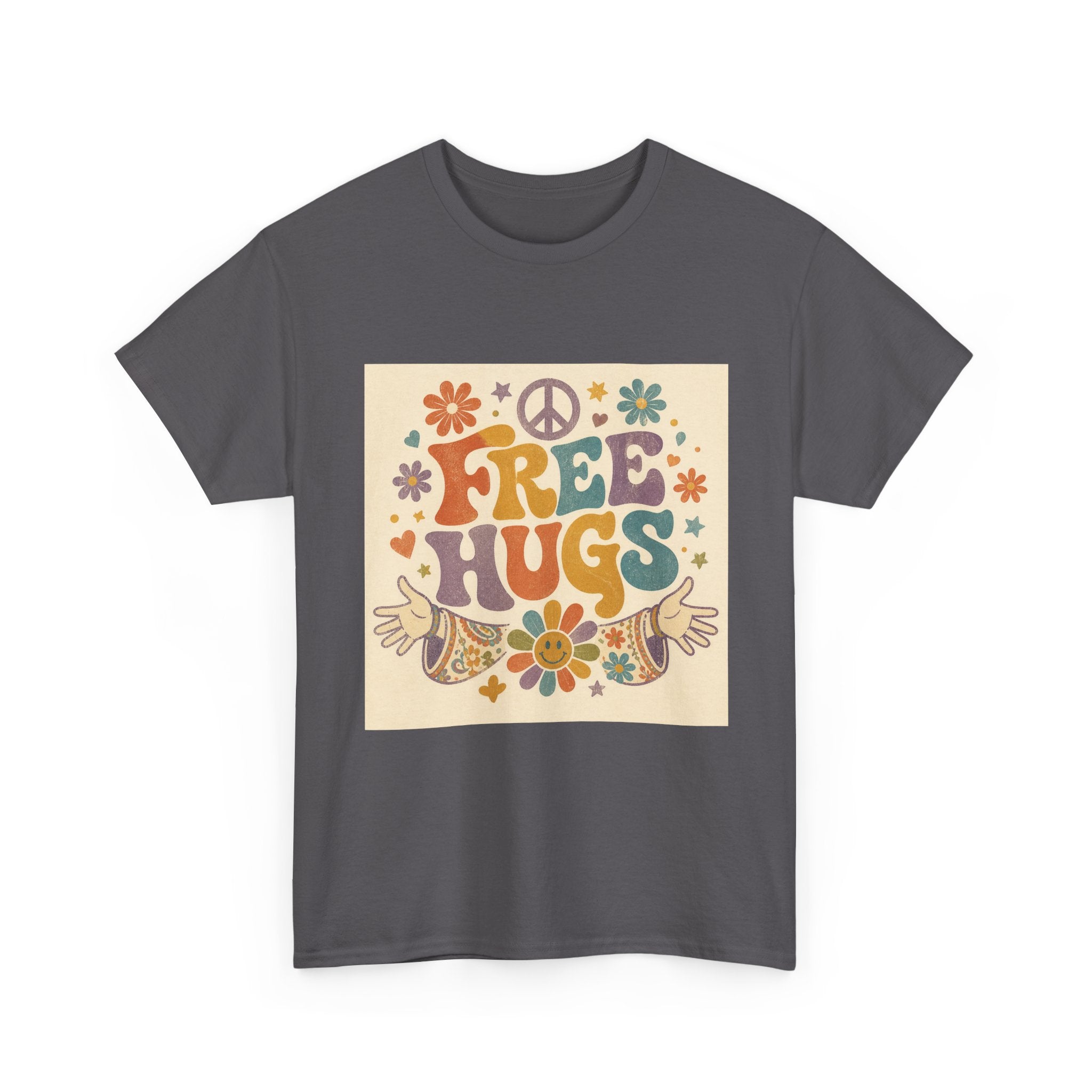 Free Hugs Tee — Retro 70s Floral Peace T-Shirt