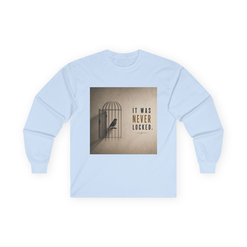 Long Sleeve Tee — "It Was Never Locked" Bird Cage Freedom Graphic