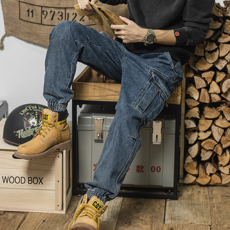 Men's Loose-Fit Harem Denim Cargo Pants with Pockets