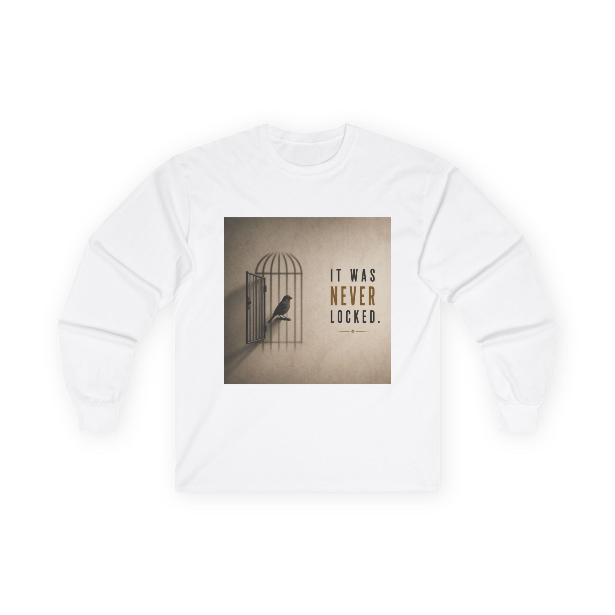 Long Sleeve Tee — "It Was Never Locked" Bird Cage Freedom Graphic