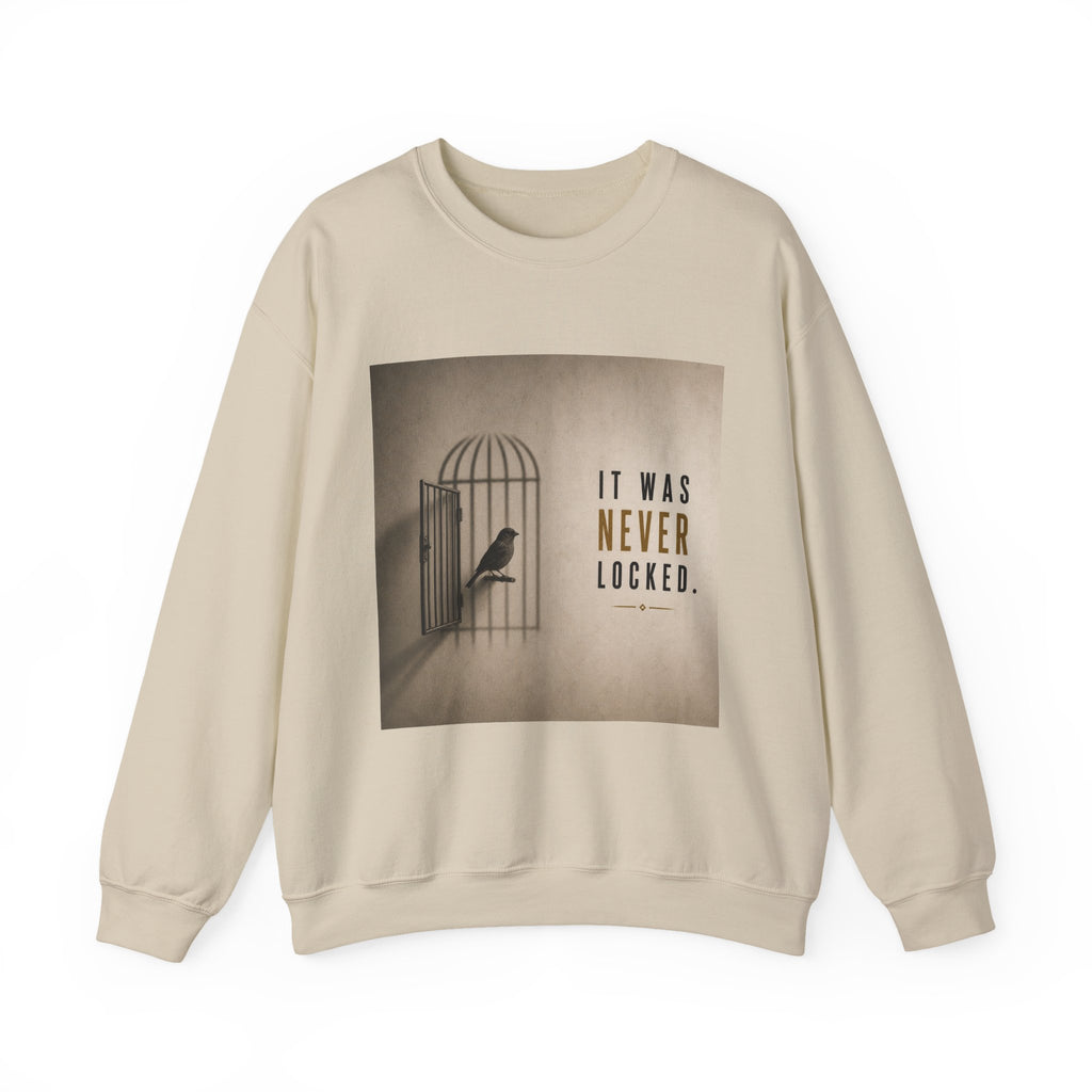 Crewneck Sweatshirt — 'It Was Never Locked' Bird Cage Graphic
