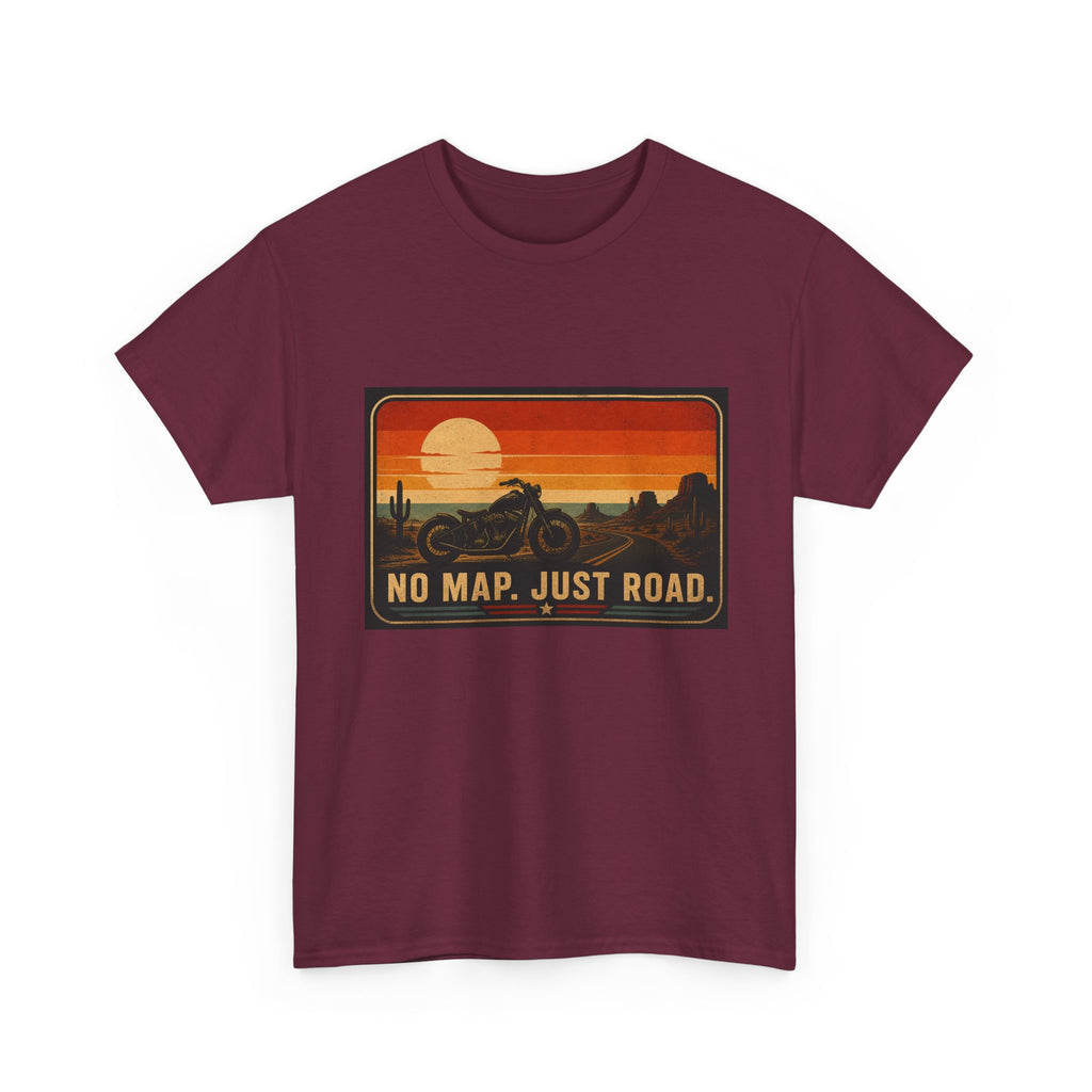 Motorcycle Sunset T‑Shirt — “No Map. Just Road.” Retro Adventure Tee