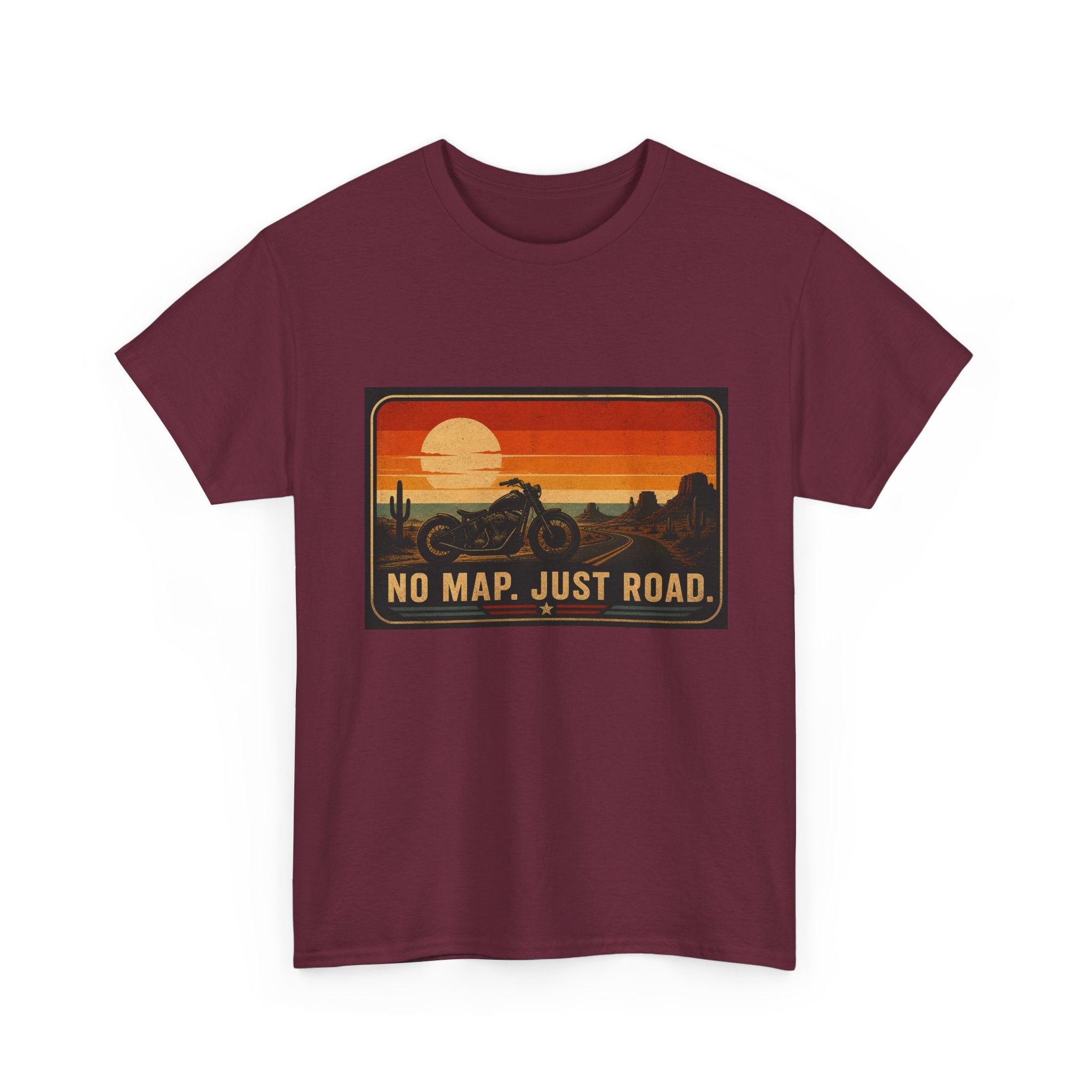 Motorcycle Sunset T‑Shirt — “No Map. Just Road.” Retro Adventure Tee