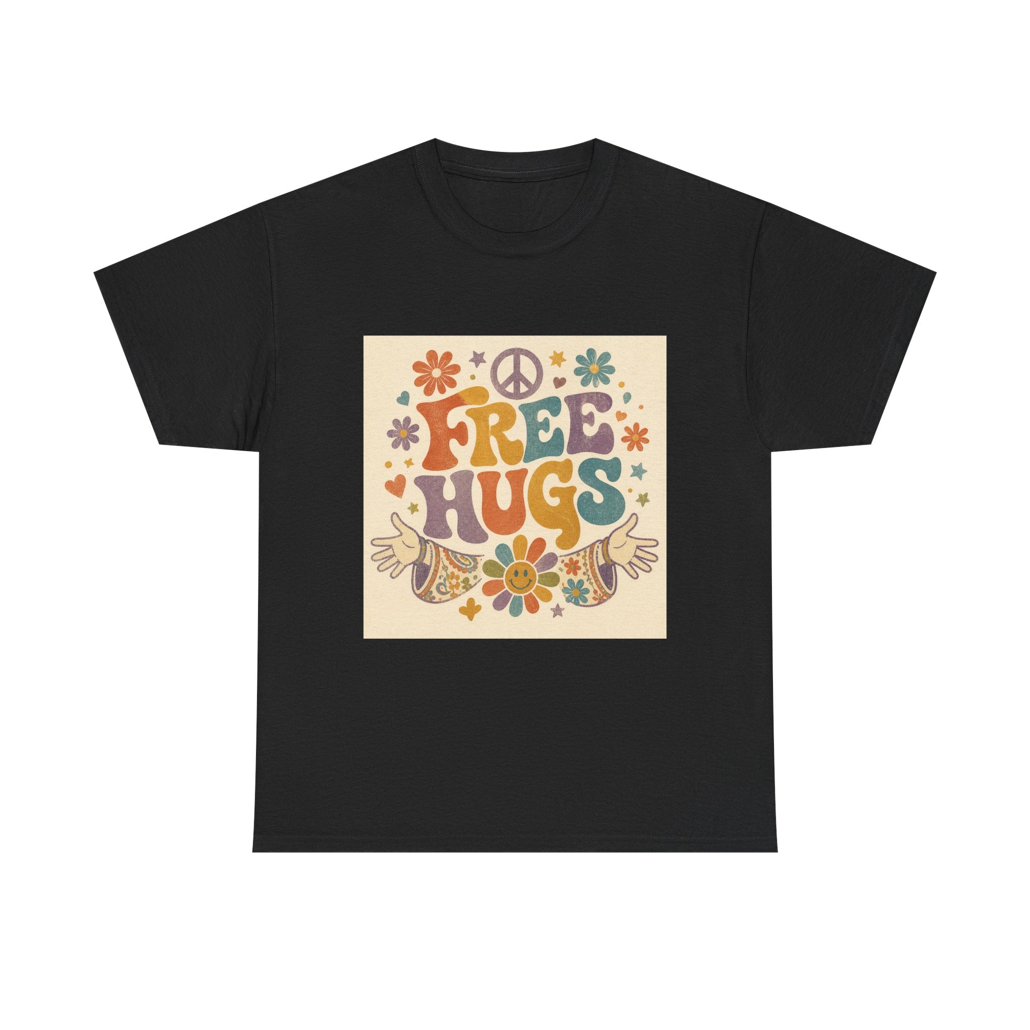 Free Hugs Tee — Retro 70s Floral Peace T-Shirt