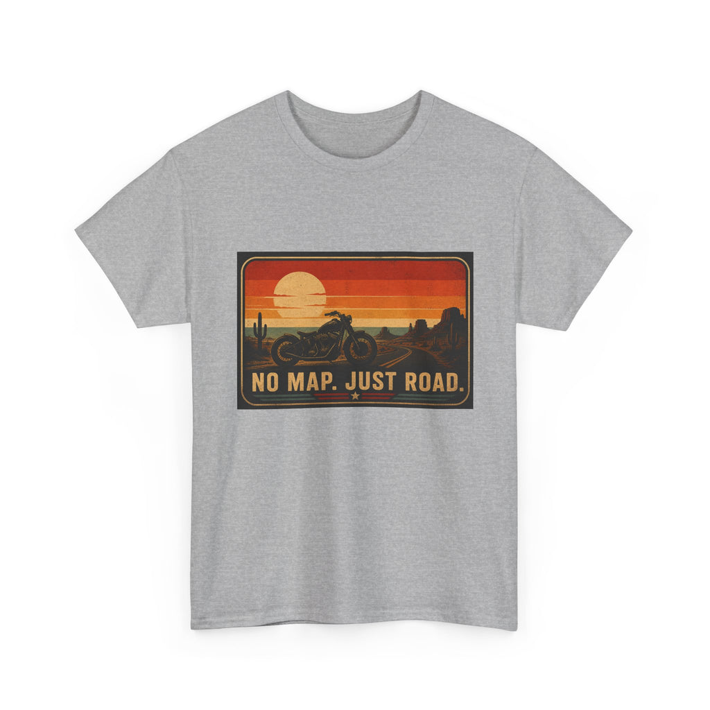 Motorcycle Sunset T‑Shirt — “No Map. Just Road.” Retro Adventure Tee