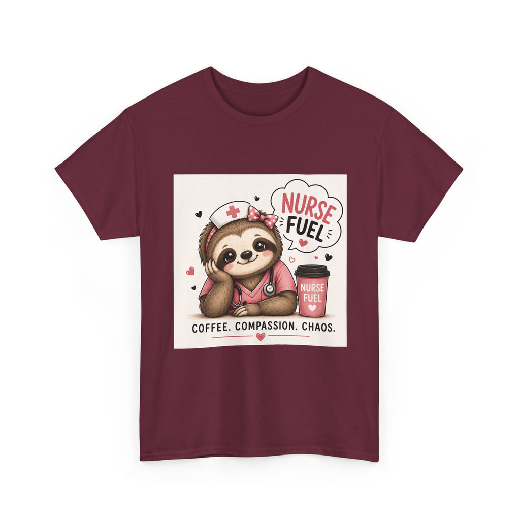 Nurse Fuel Sloth T‑Shirt — Coffee, Compassion, Chaos Cute Nursing Tee