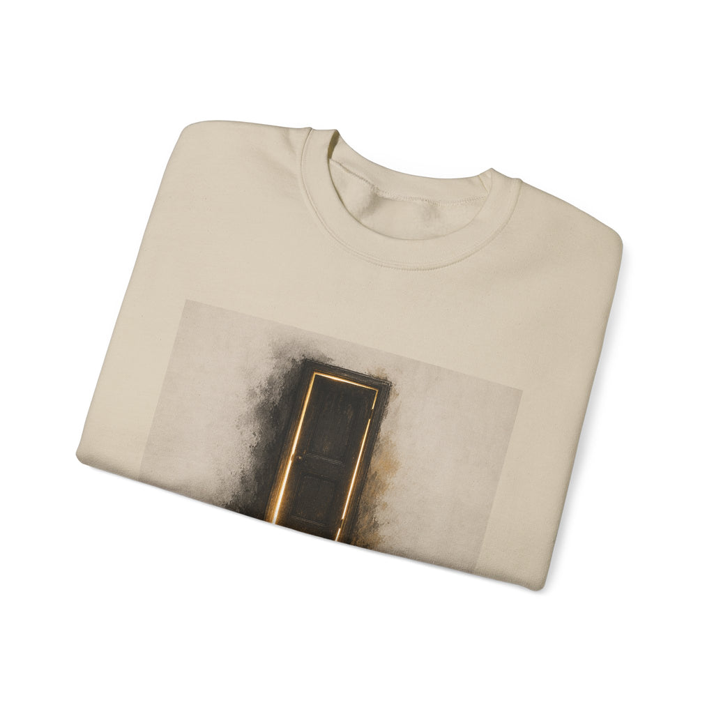 Crewneck Sweatshirt — 'Nothing Works Till You Agree With It' Motivational Door Graphic