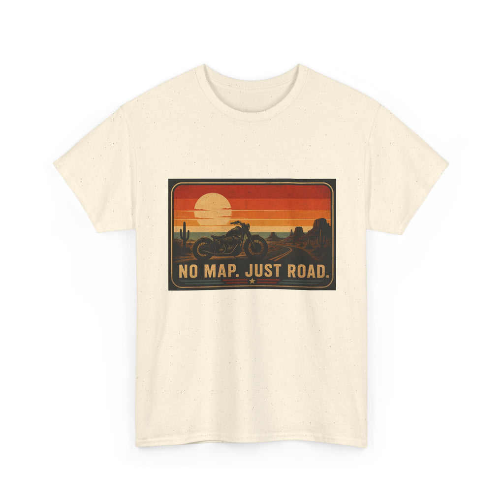Motorcycle Sunset T‑Shirt — “No Map. Just Road.” Retro Adventure Tee