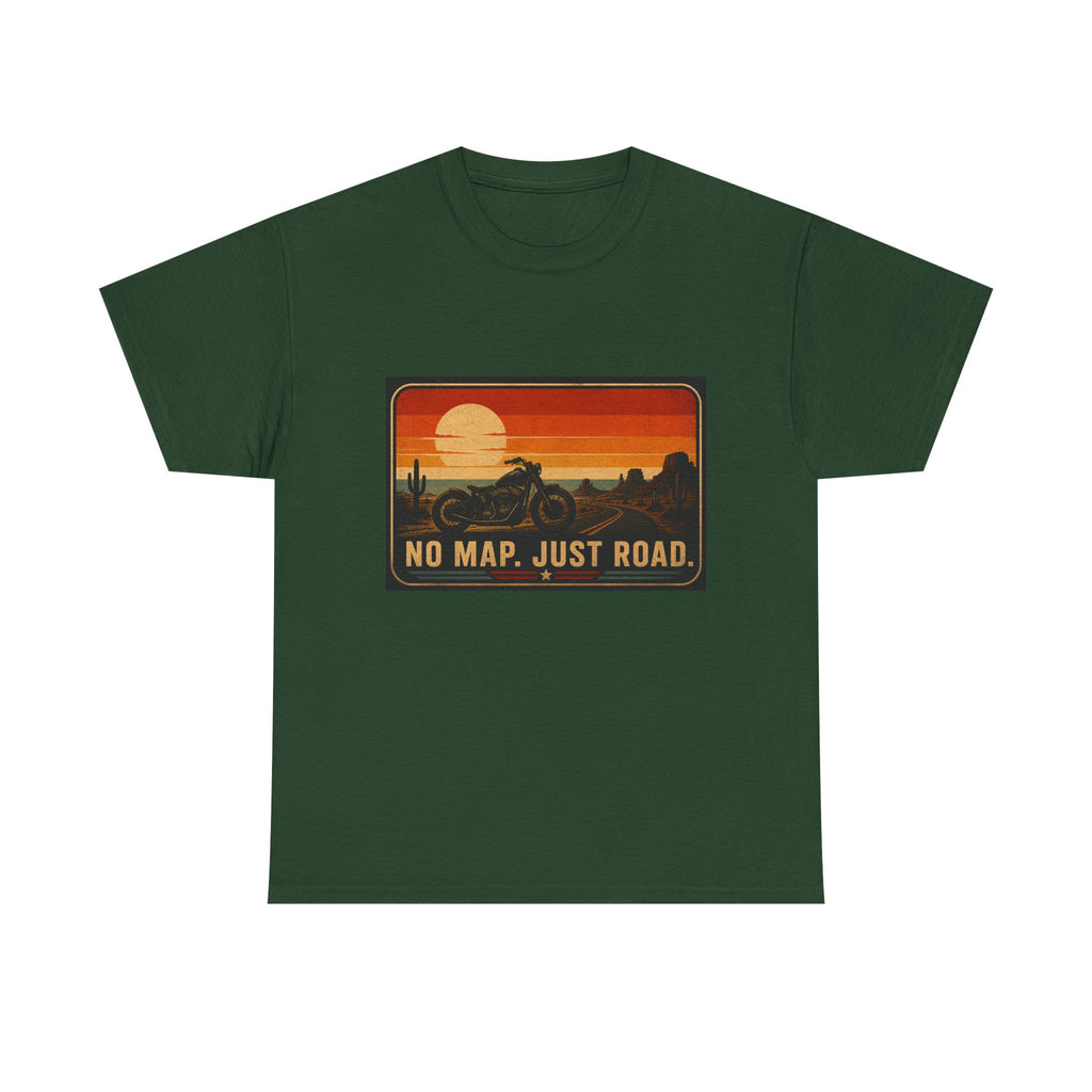Motorcycle Sunset T‑Shirt — “No Map. Just Road.” Retro Adventure Tee