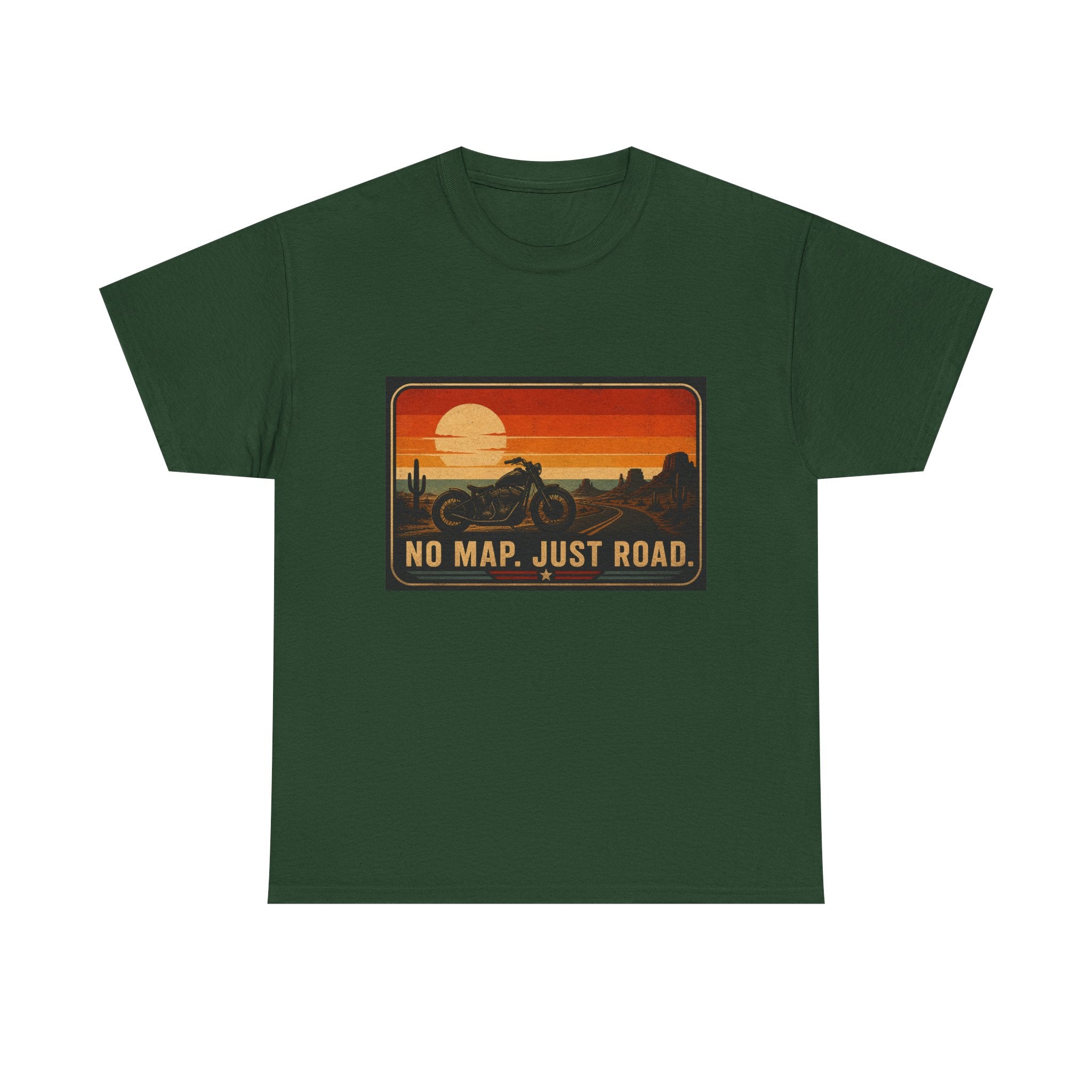 Motorcycle Sunset T‑Shirt — “No Map. Just Road.” Retro Adventure Tee